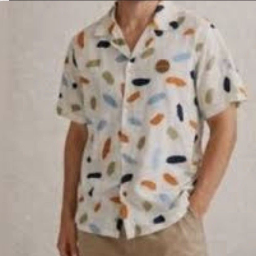 Common People Contour SS Shirt Men Medium Ecru Abstract‎ Brushstroke Cotton